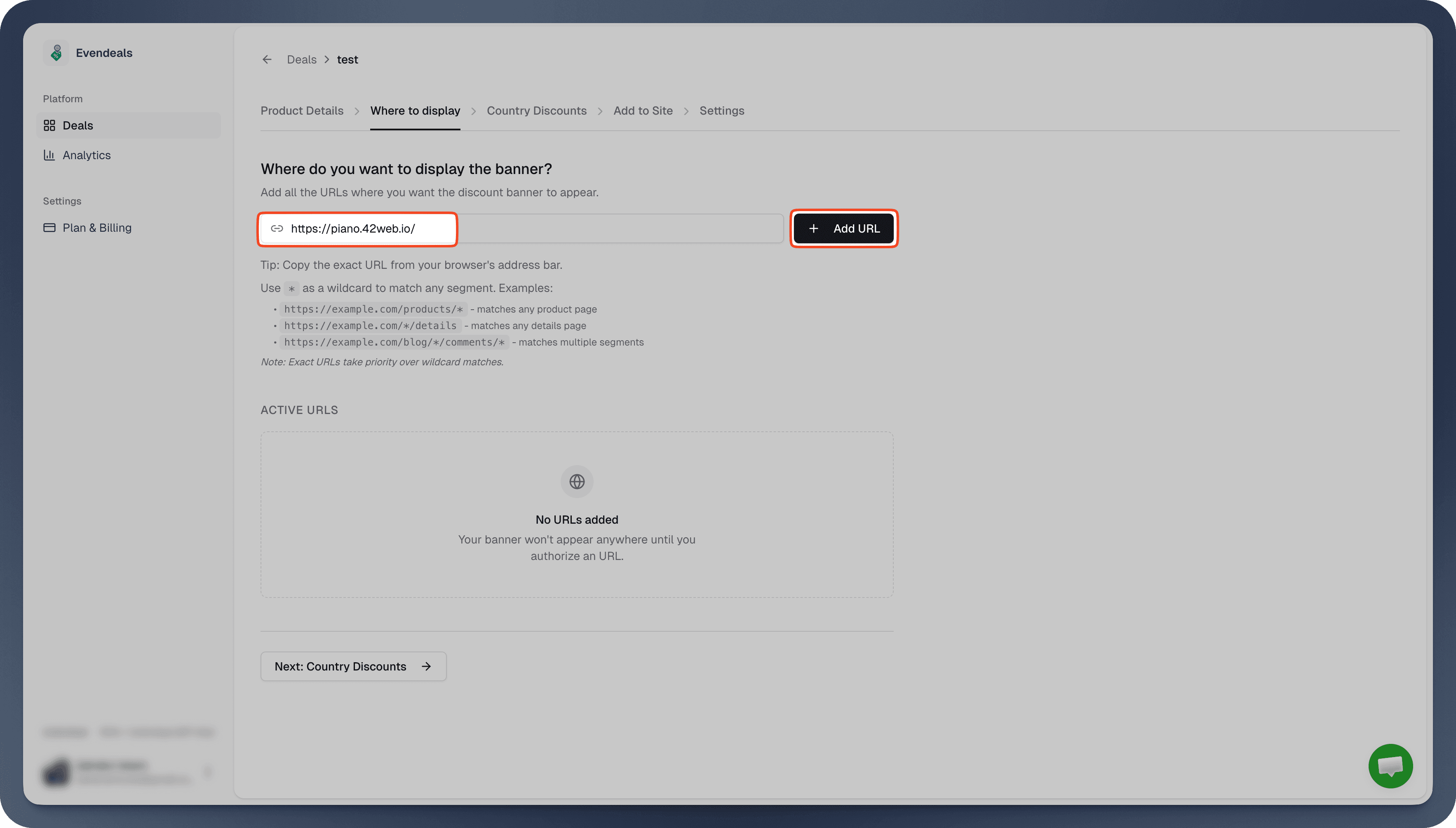 Evendeals Where to display screen with URL added