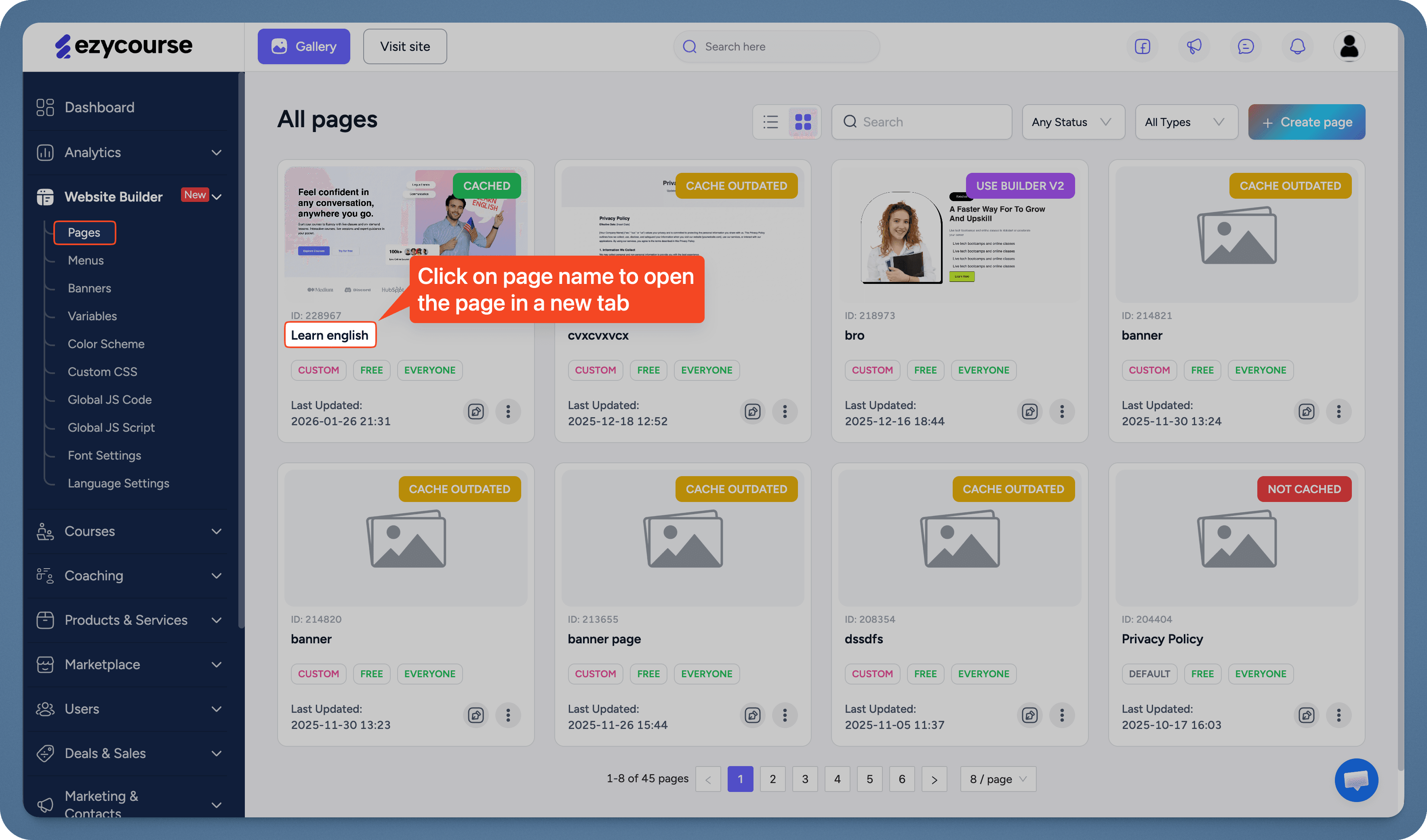 EzyCourse pages list with context menu showing Copy Page URL