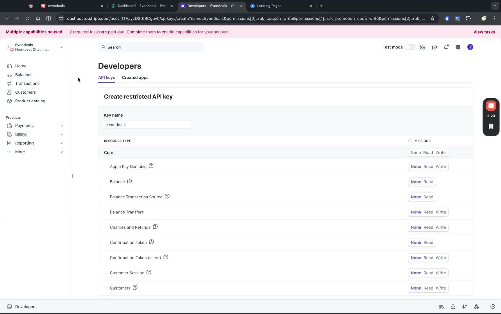 Stripe Restricted API Key creation page