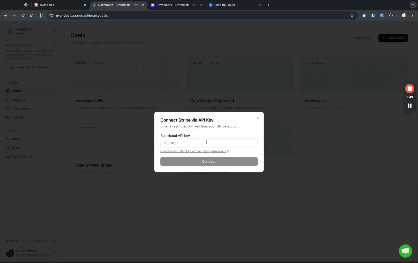 Paste the Stripe restricted API key in Evendeals
