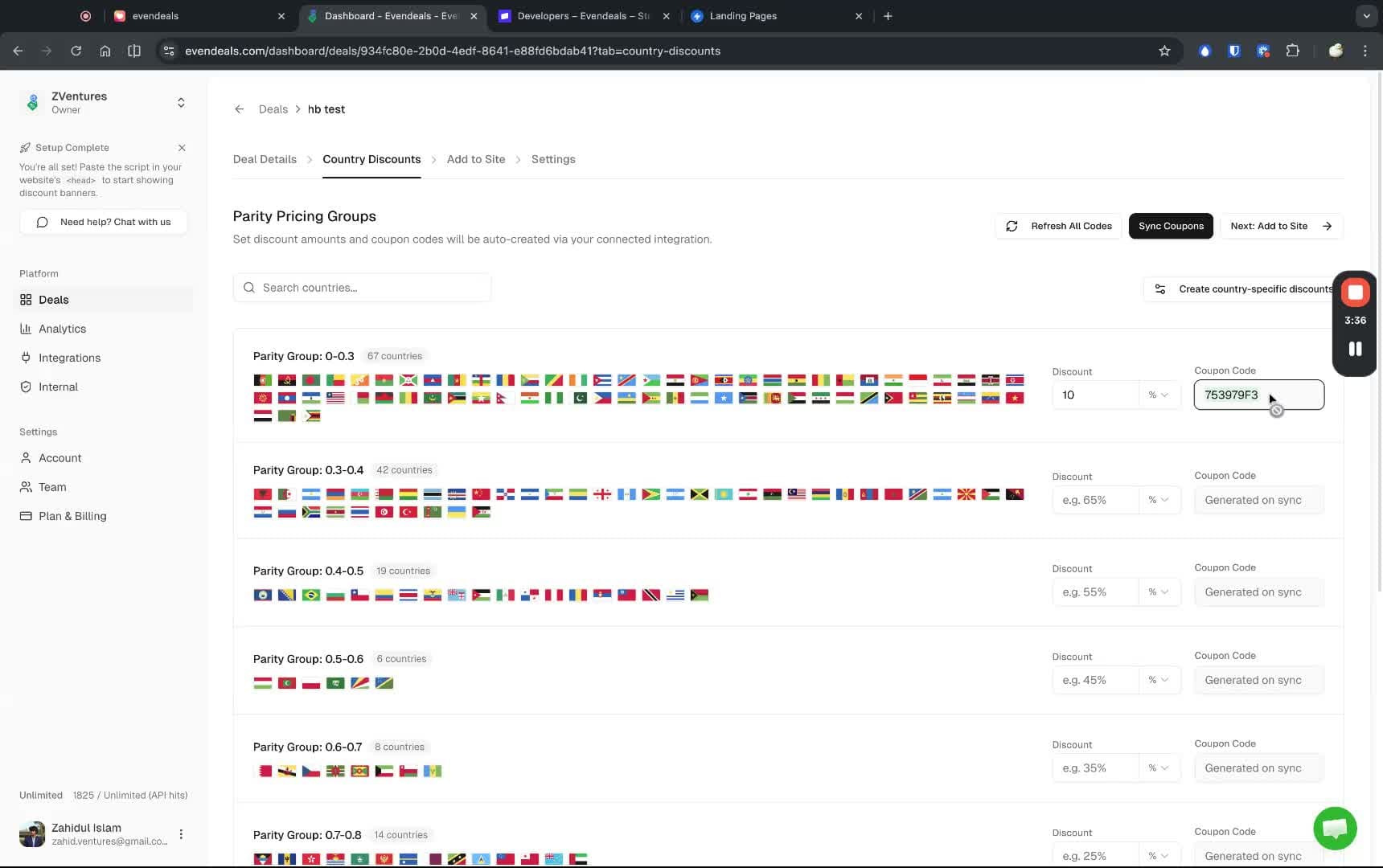 Synced coupons with generated coupon codes