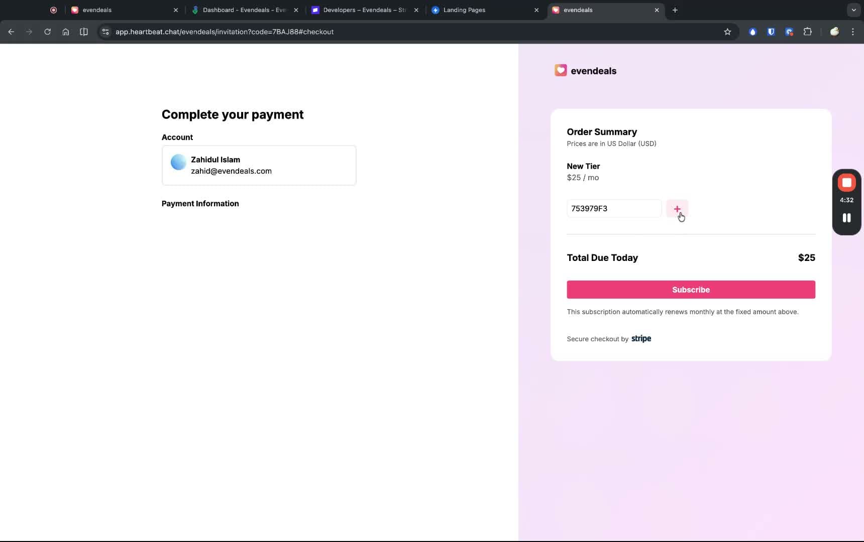 Heartbeat checkout page with coupon code applied