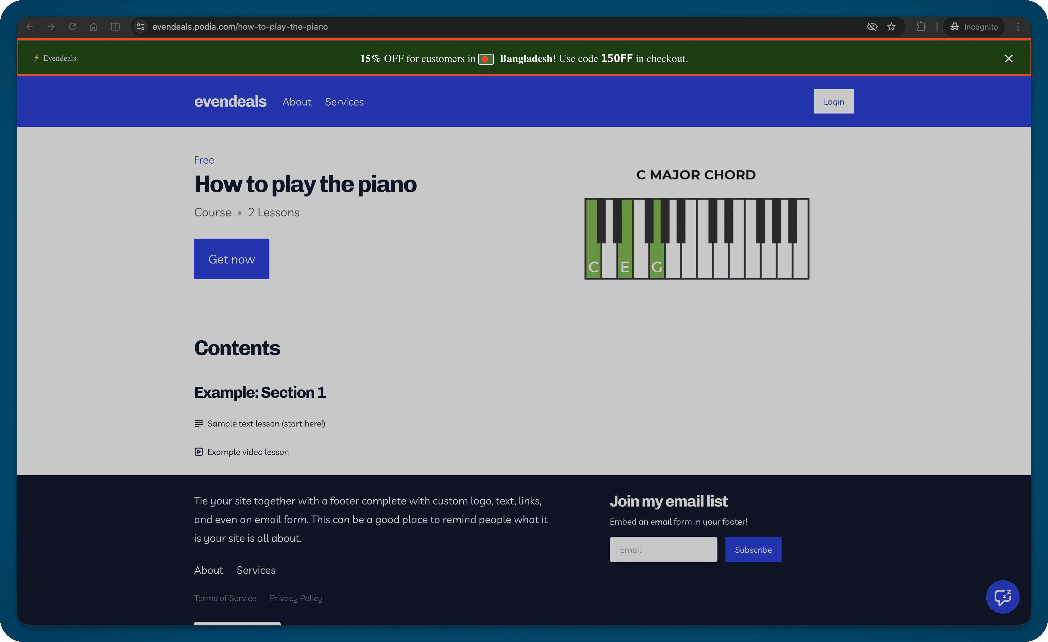 Parity pricing banner on Podia sales page