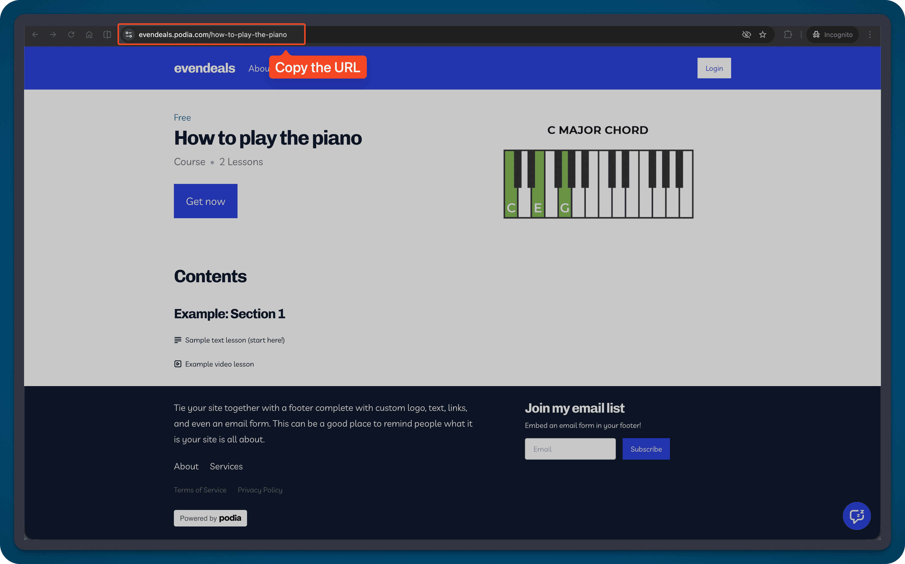 Podia sales page URL