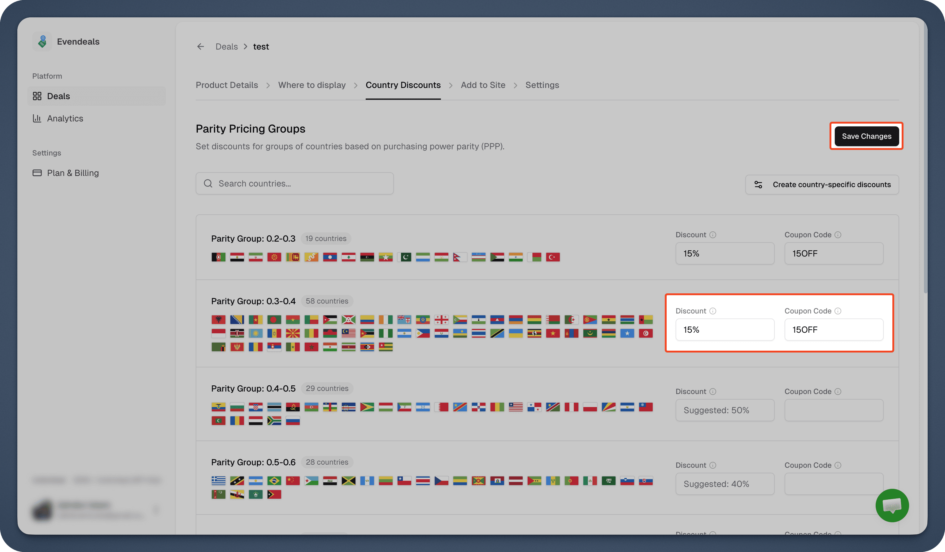 Evendeals Country Discounts screen with different country groups