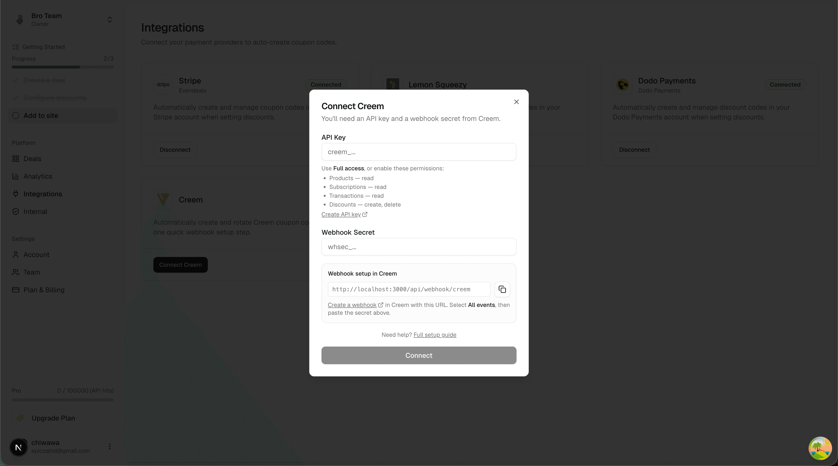 Evendeals connect Creem dialog