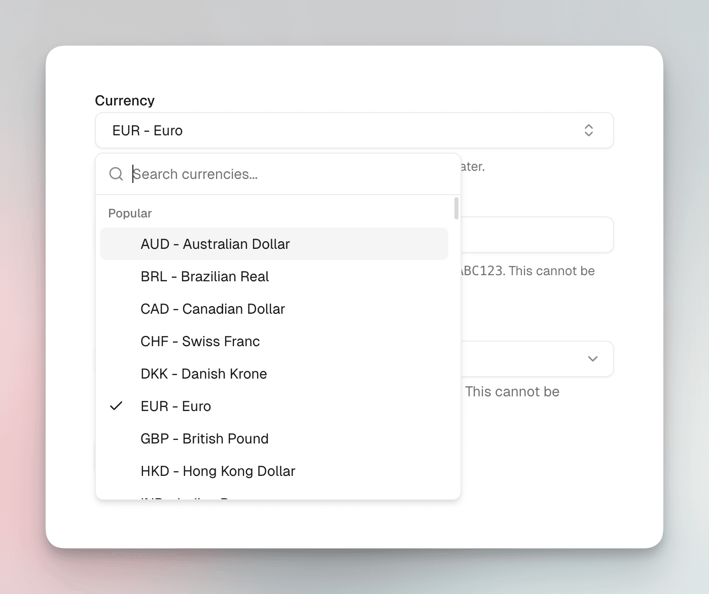 Evendeals currency dropdown with search and popular currencies
