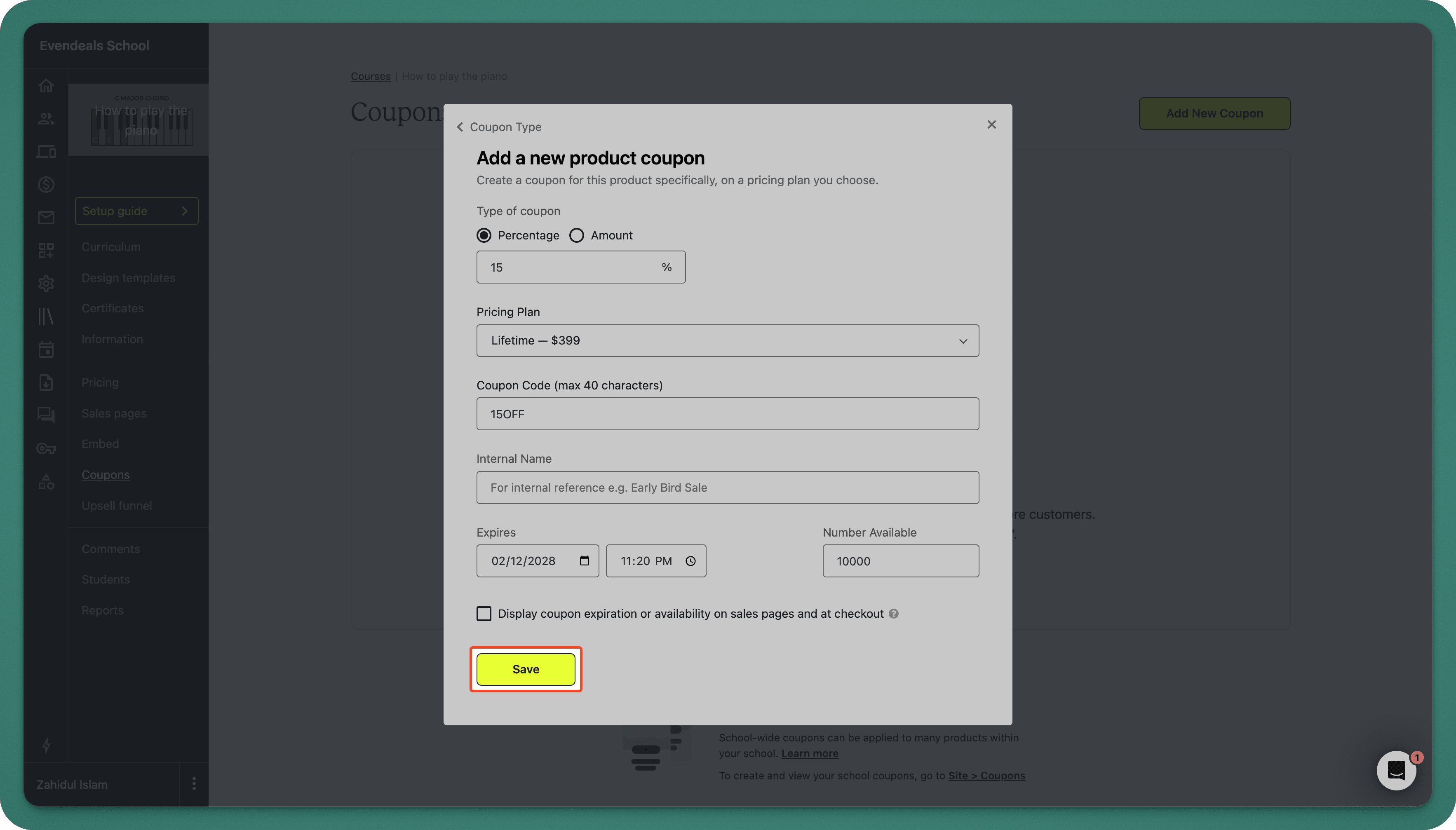Teachable coupon creation form with discount settings